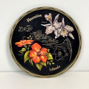 Vintage Hawaiian Islands Travel Souvenir Black Serving Tray Mid-century